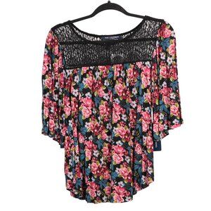 One Clothing Floral Boho Shirt L Womens NEW Black Pink Blue Lace Yoke Flowy
